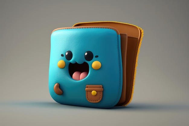 Uma carteira azul com um desenho animado nela