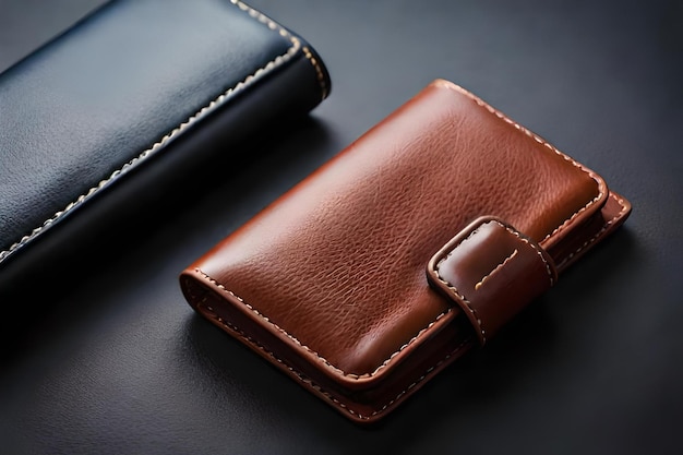 Uma carteira de couro com um pequeno quadrado na frente e a palavra wallet na frente.