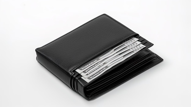 Uma carteira de couro preta com dinheiro no fundo em uma superfície branca gerada pela IA