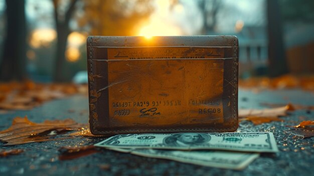 Foto uma carteira velha perdida da qual o dinheiro caiu encontra-se no asfalto nos raios do pôr-do-sol