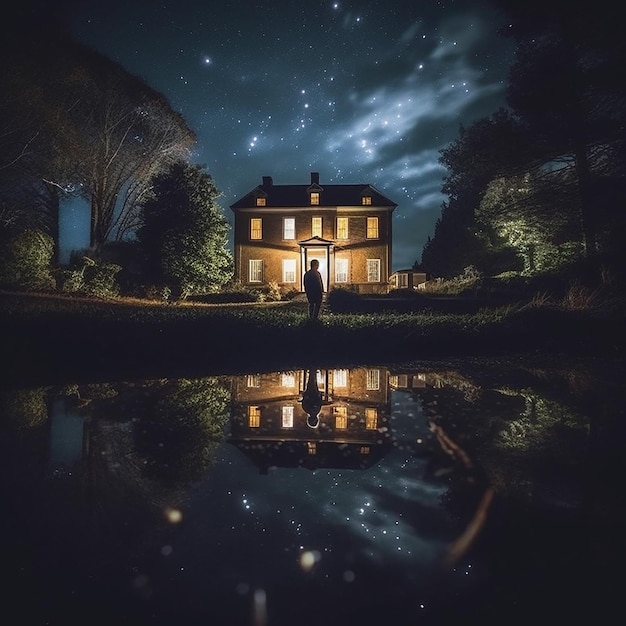 Uma casa à beira do lago com as estrelas no céu