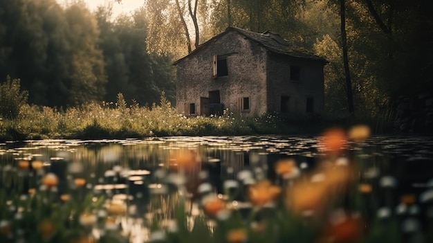 Uma casa à beira do lago com flores em primeiro plano