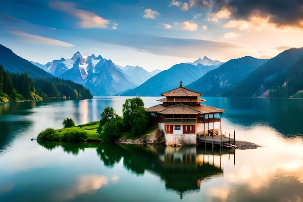 Uma casa à beira do lago com montanhas ao fundo