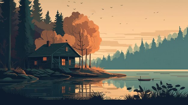 Uma casa à beira do lago com um barco em primeiro plano.