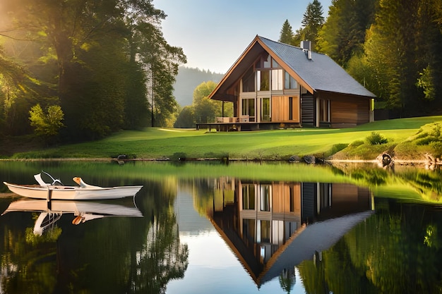 Uma casa à beira do lago com um barco em primeiro plano