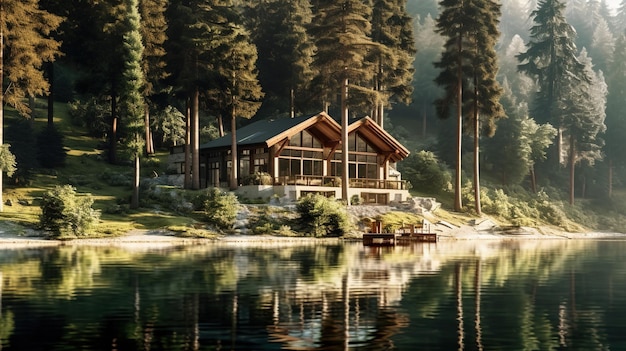 Uma casa à beira do lago com um barco na água