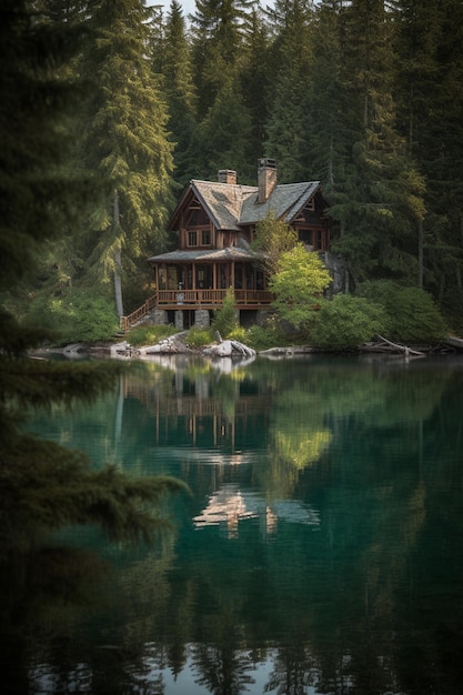 Uma casa à beira do lago com um lago ao fundo