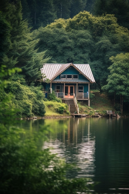 Uma casa à beira do lago com uma cabana azul com telhado de metal.