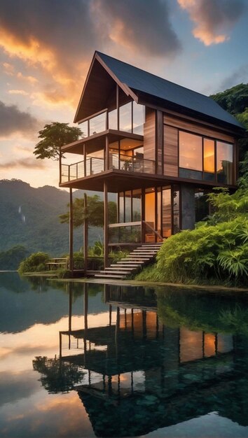 Uma casa à beira do lago com vista para o lago