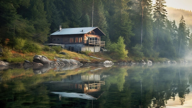 Uma casa à beira do lago na floresta
