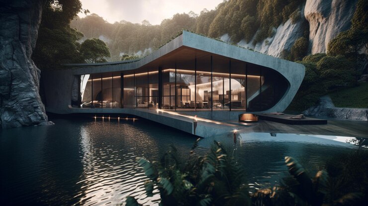 Foto uma casa à beira do lago