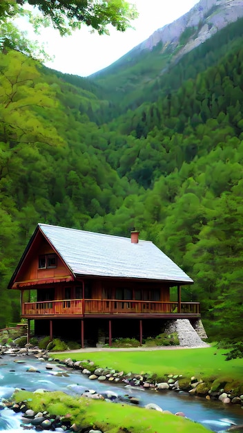 Uma casa à beira do rio, nas montanhas.