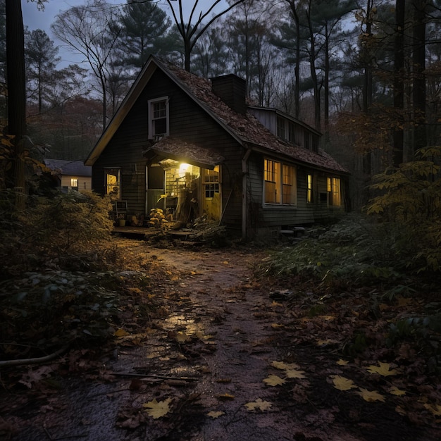 uma casa abandonada na floresta à noite