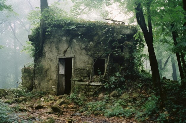 Foto uma casa abandonada na floresta.