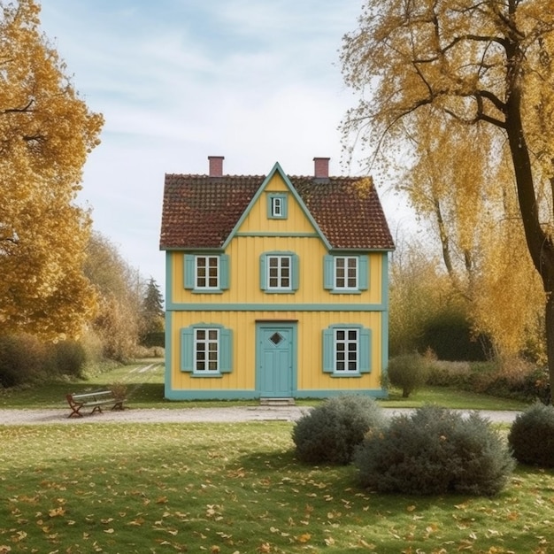 Uma casa amarela com guarnição azul e uma porta azul.