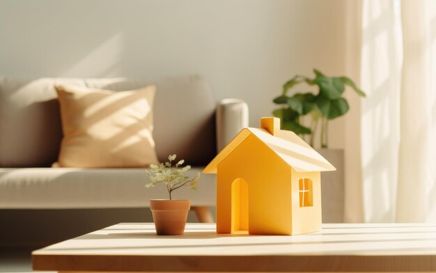 Uma casa amarela com uma planta em vaso na mesa