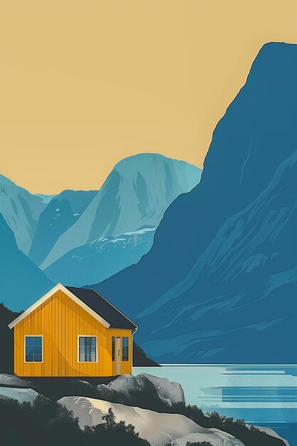 Foto uma casa amarela está em uma encosta rochosa ao lado de um lago