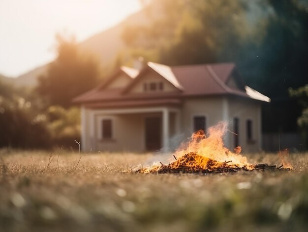 Foto uma casa ao fundo com um incêndio em primeiro plano