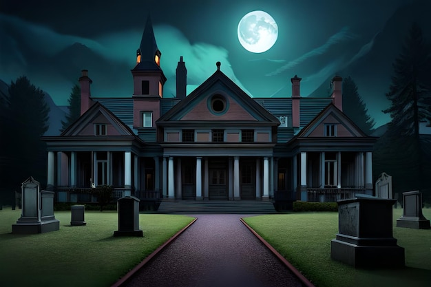 Uma casa assombrada com uma lua cheia atrás dela
