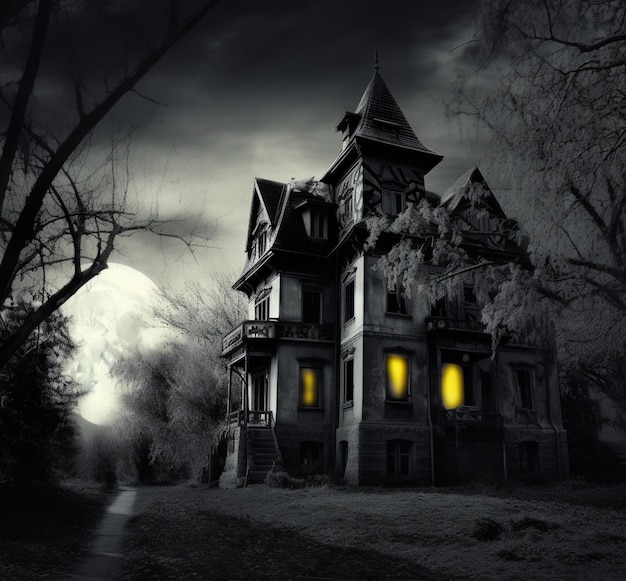 Uma casa assustadora com as luzes acesas em amarelo