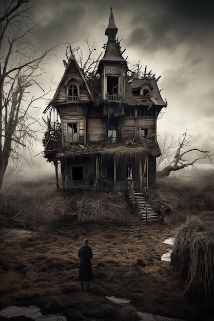 Uma casa assustadora com uma pessoa parada na frente dela