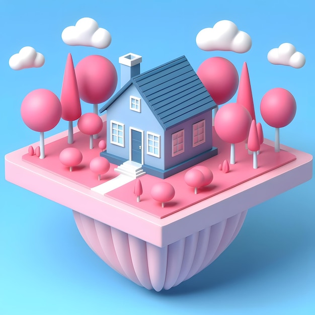 Uma casa azul 3D com um telhado pontiagudo está em uma ilha rosa cercada por árvores cor-de-rosa.