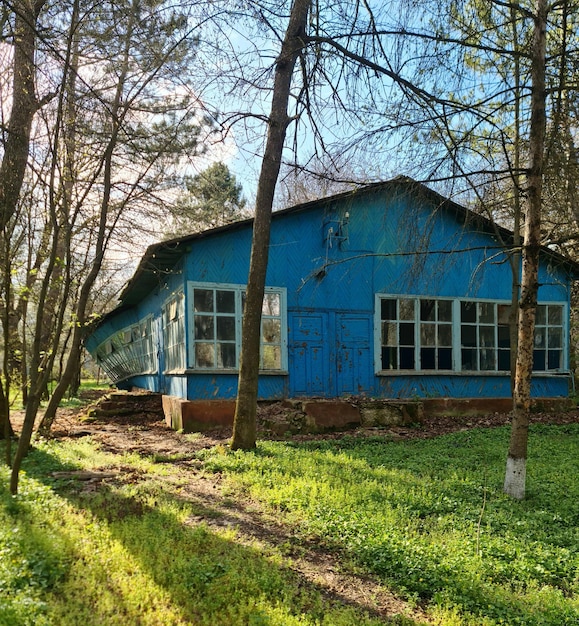 Uma casa azul com muitas janelas está na floresta.