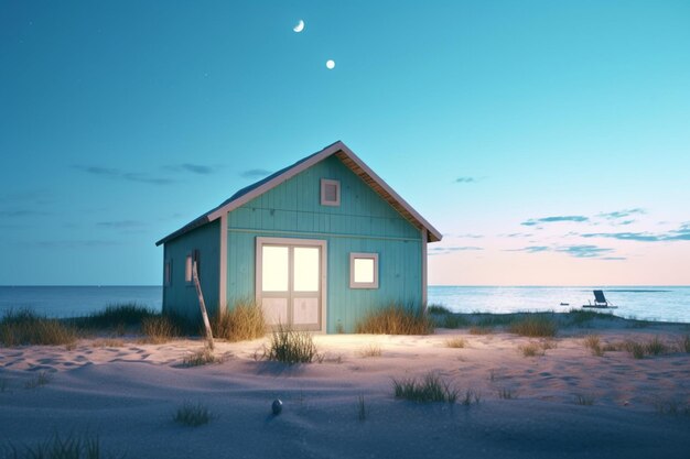 Uma casa azul com uma lua no céu