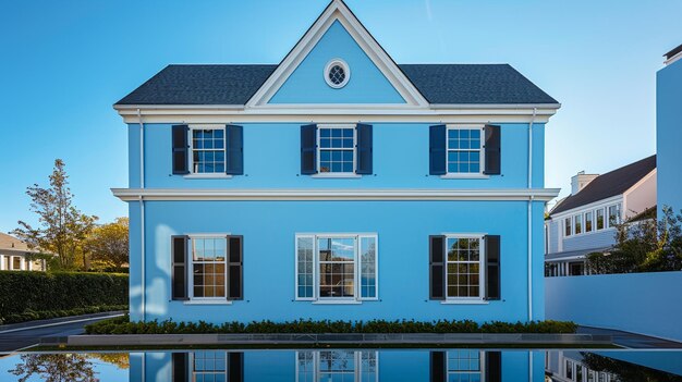 Uma casa azul de bebê feliz com janelas e persianas tradicionais se mistura harmoniosamente com o cenário suburbano refletindo o céu azul claro acima em um dia tranquilo