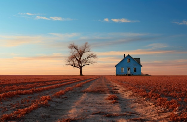 Uma casa azul é mostrada em um campo ao pôr do sol criada por tecnologia de IA generativa