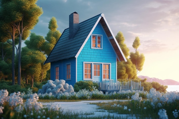 Uma casa azul em uma floresta com um pôr do sol ao fundo.