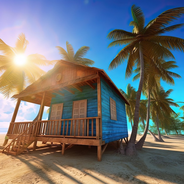 Uma casa azul em uma praia com palmeiras ao fundo.