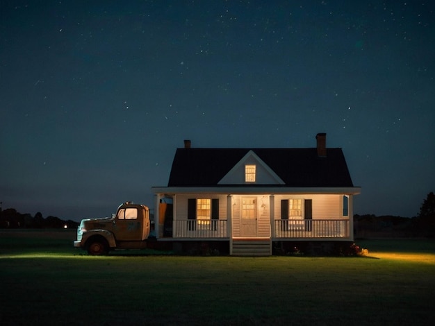 Uma casa branca solitária num jardim gramado e um camião em frente à casa céu noturno criado pela IA