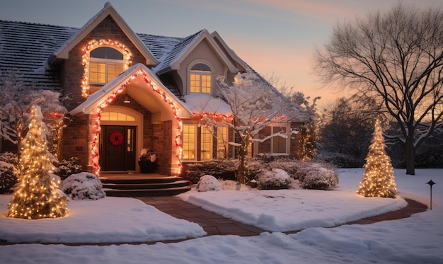 Uma casa coberta com luzes de Natal e decorações festivas para as festas de fim de ano