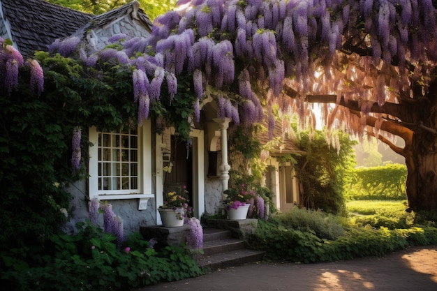 Uma casa coberta de flores roxas ao lado de uma árvore