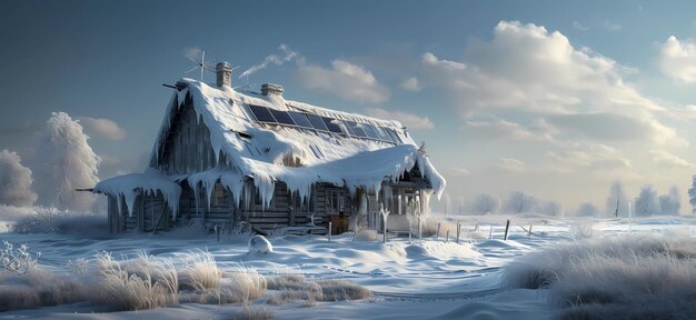 uma casa coberta de gelo e neve em uma paisagem de inverno com painéis solares
