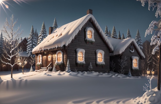 Uma casa coberta de neve com luzes no telhado