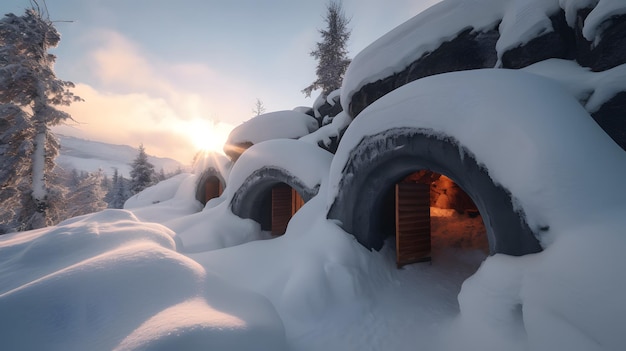 Uma casa coberta de neve com o sol brilhando sobre ela.