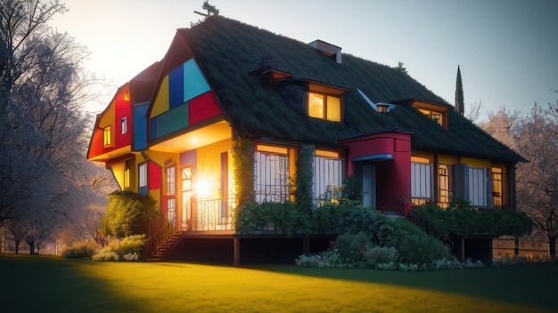 Uma casa colorida com um gramado verde na frente