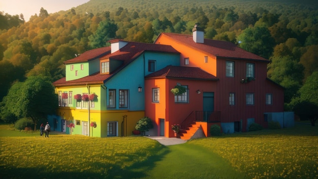 Uma casa colorida em um campo com uma colina ao fundo