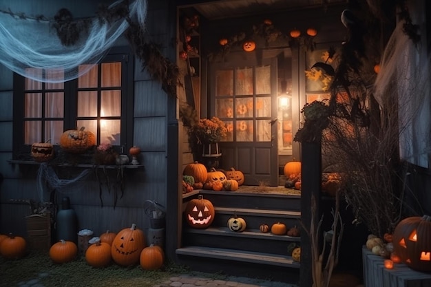 Uma casa com abóboras na varanda e uma placa assustadora de halloween na porta.