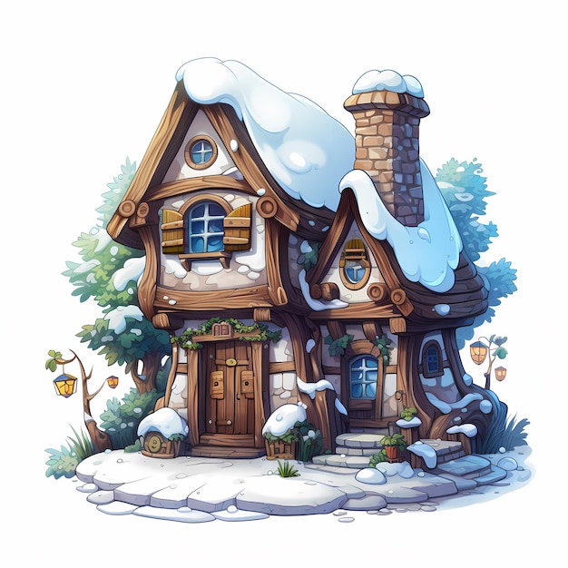 Uma casa com chaminé e uma casa com neve no telhado