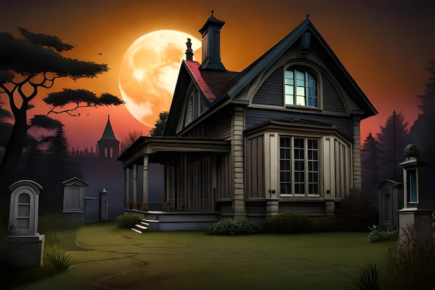 Uma casa com lua cheia atrás dela