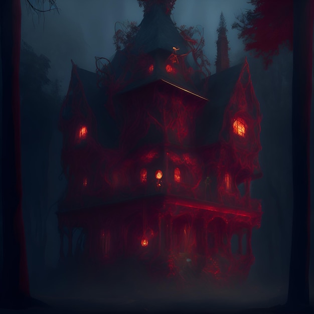 Uma casa com luzes vermelhas no escuro