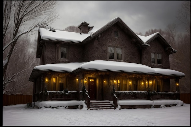 Uma casa com muita neve no topo