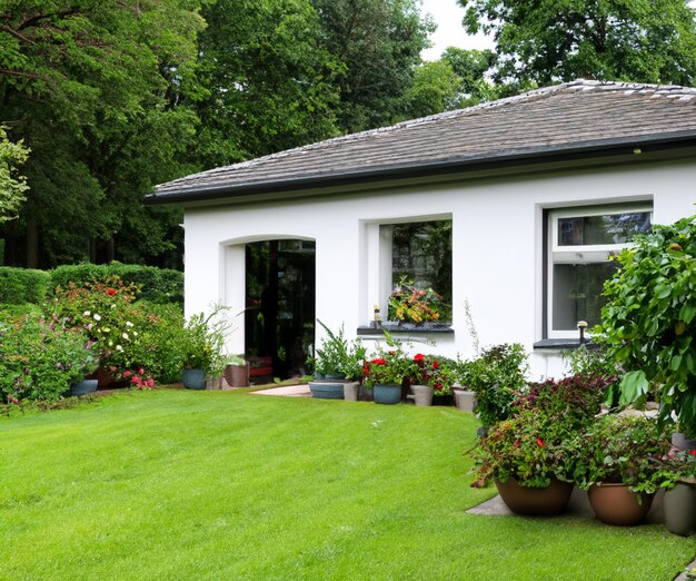 Uma casa com muitas plantas na frente