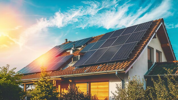 uma casa com painéis solares no telhado e uma casa com um fundo de céu