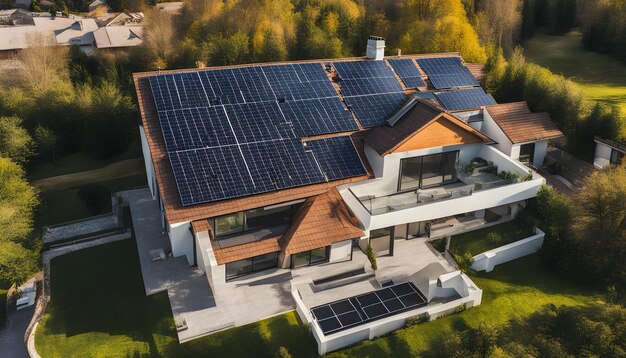 uma casa com painéis solares no telhado e uma casa com uma casa no telhado