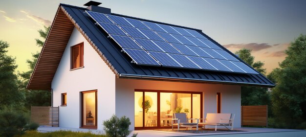 uma casa com painéis solares no telhado