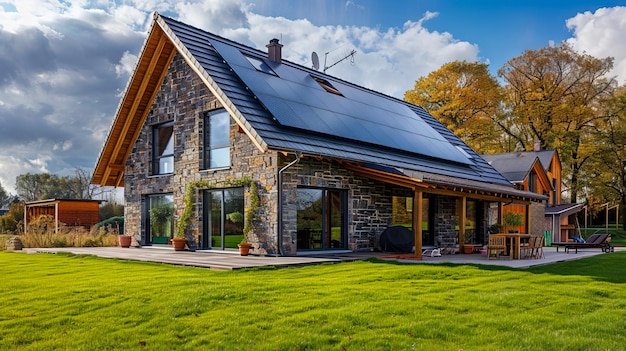 Uma casa com painéis solares no telhado